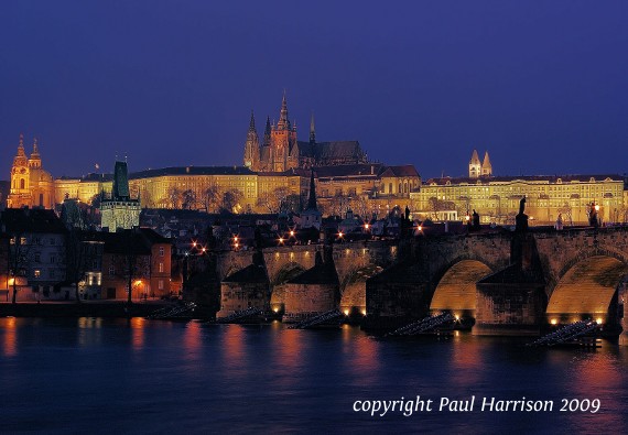 Charles Bridge and Prague castle, evening